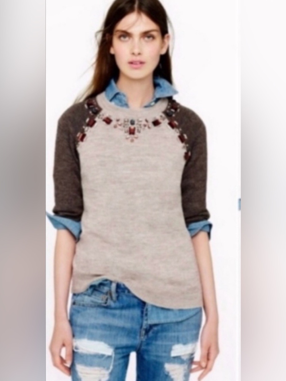 J. Crew Colorblock Jeweled Embellished Short Sleeve Sweater Brown/Tan/Golden XXS